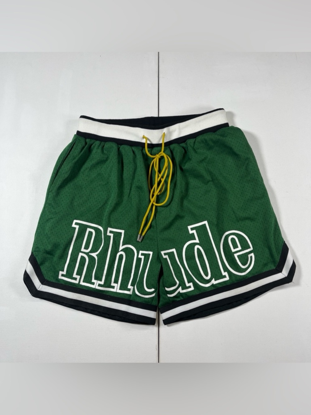 Rhude Green Athletic Mesh Shorts with White & Black Trim
